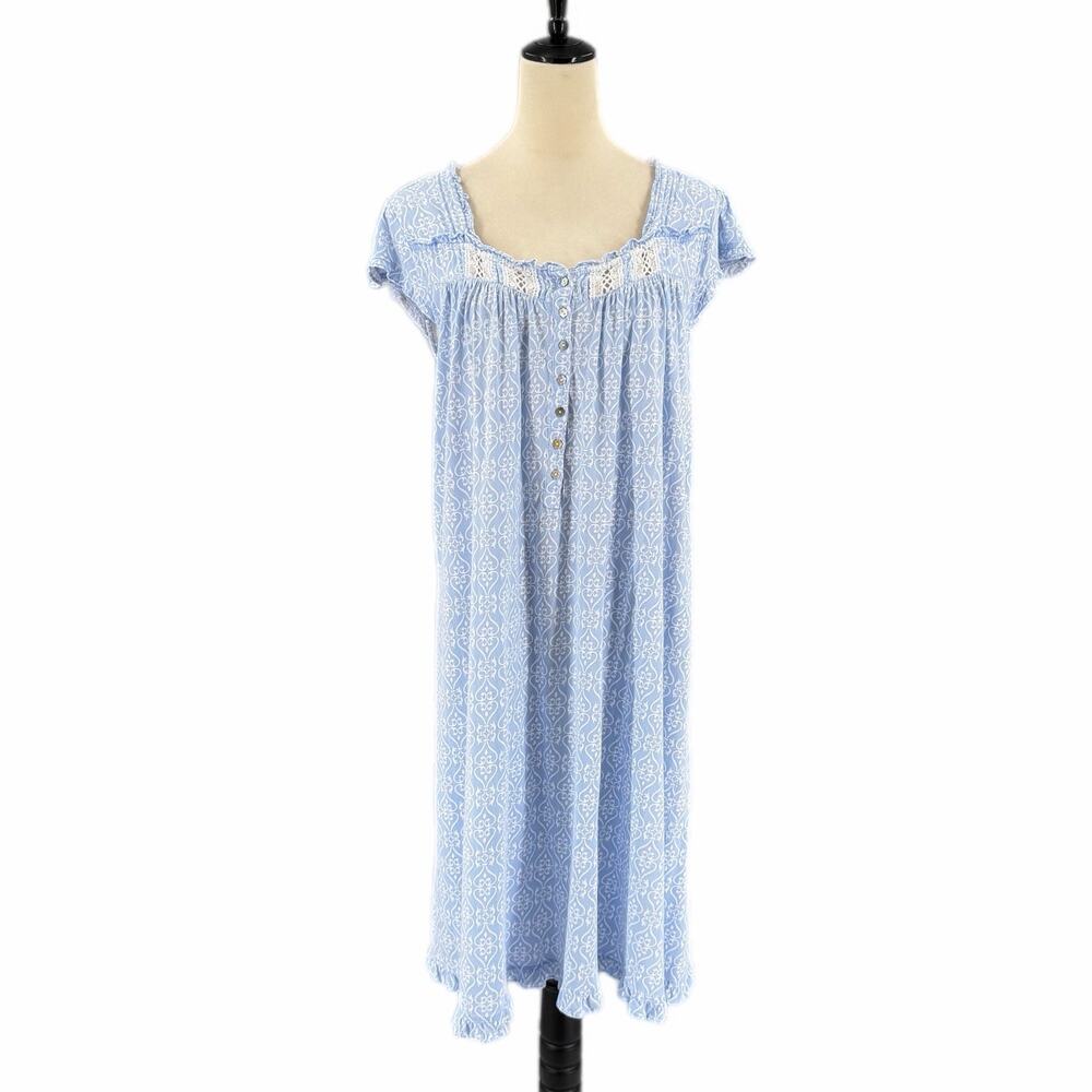 Eileen West Blue White Lightweight Comfort Chemise Grannycore Lace Nightgown
